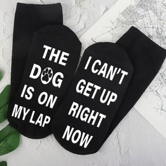 NWT - Black Novelty Socks with Fun White “Dog on Lap” Quirky Text - Picture 5 of 6